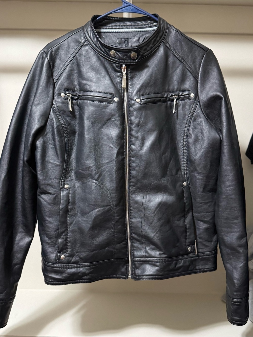 Classic Black Leather Biker Jacket with Zip Details